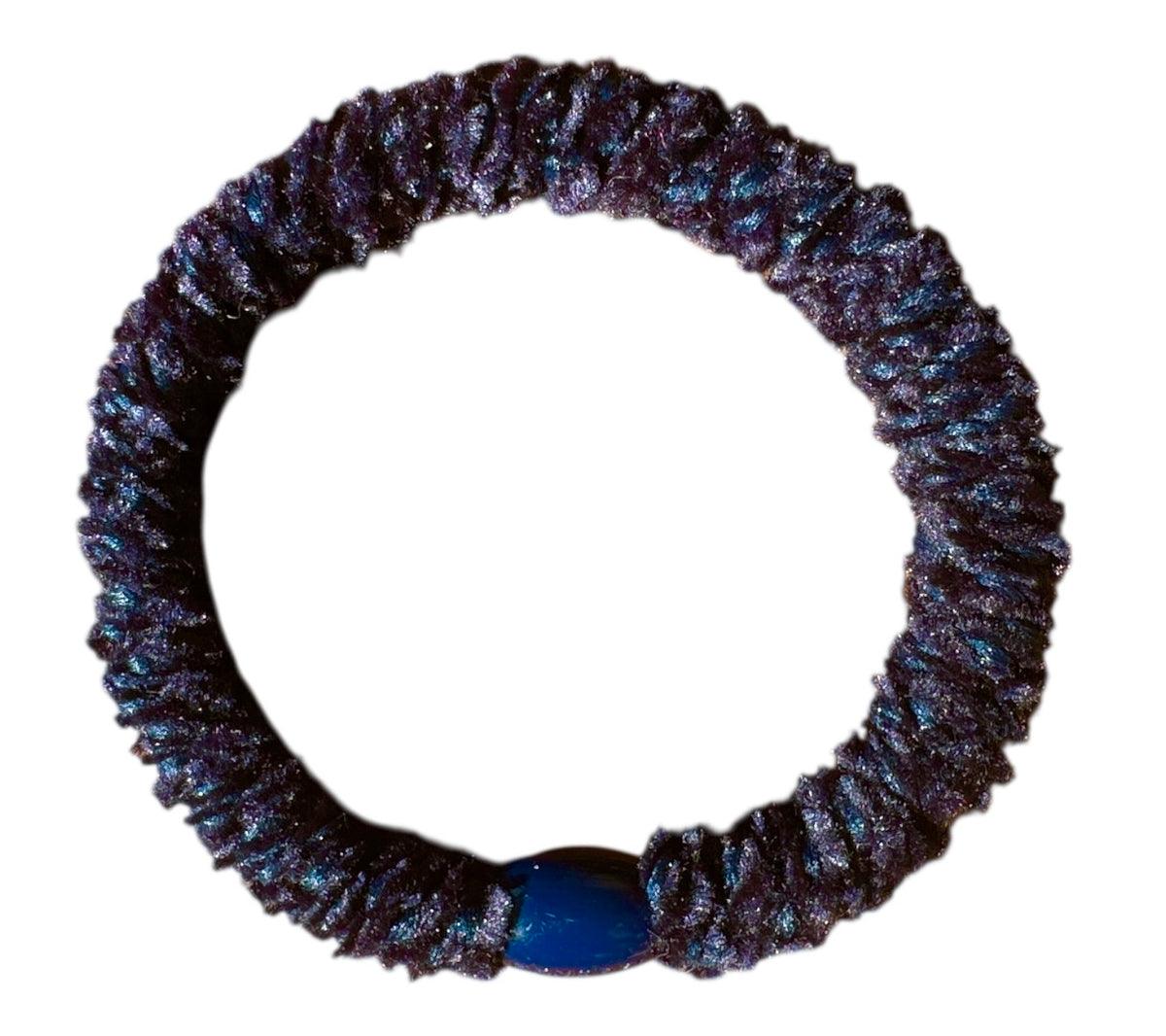 Authentic original Navy Velvet hair elastic on white background with branded ear visible.