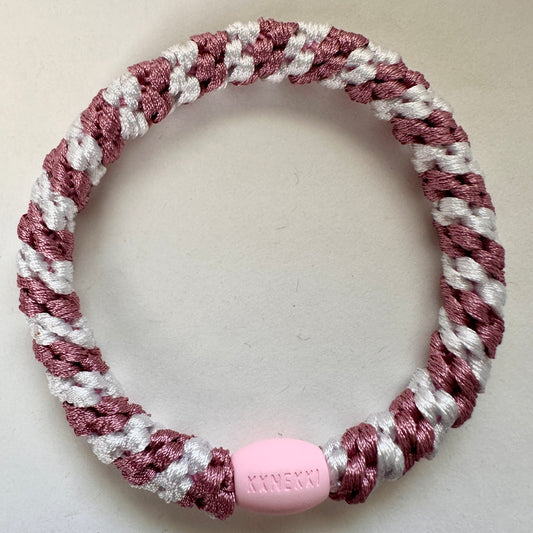 KKNEKKI Old Pink & White Stripe hair elastic laying flat on a white background 
