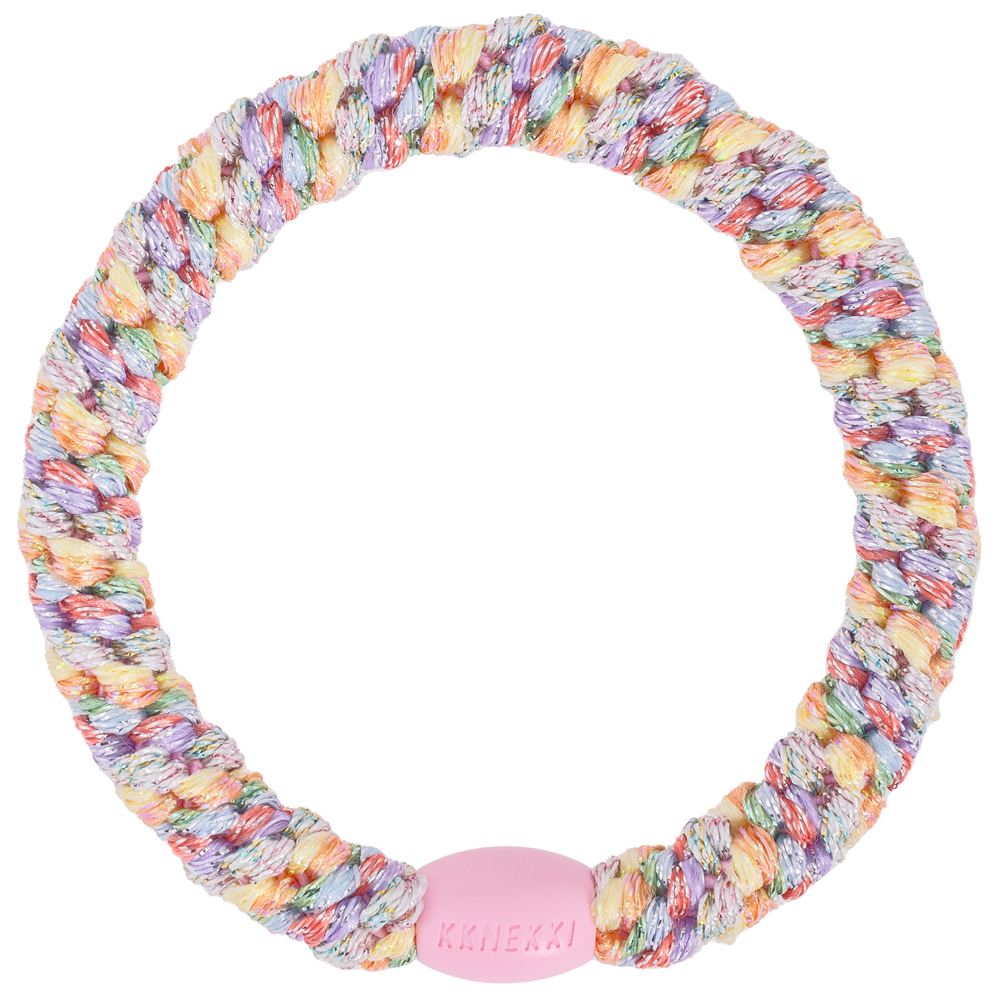 KKNEKKI Pastel Circus Glitter hair elastic on white background with branded bead visible