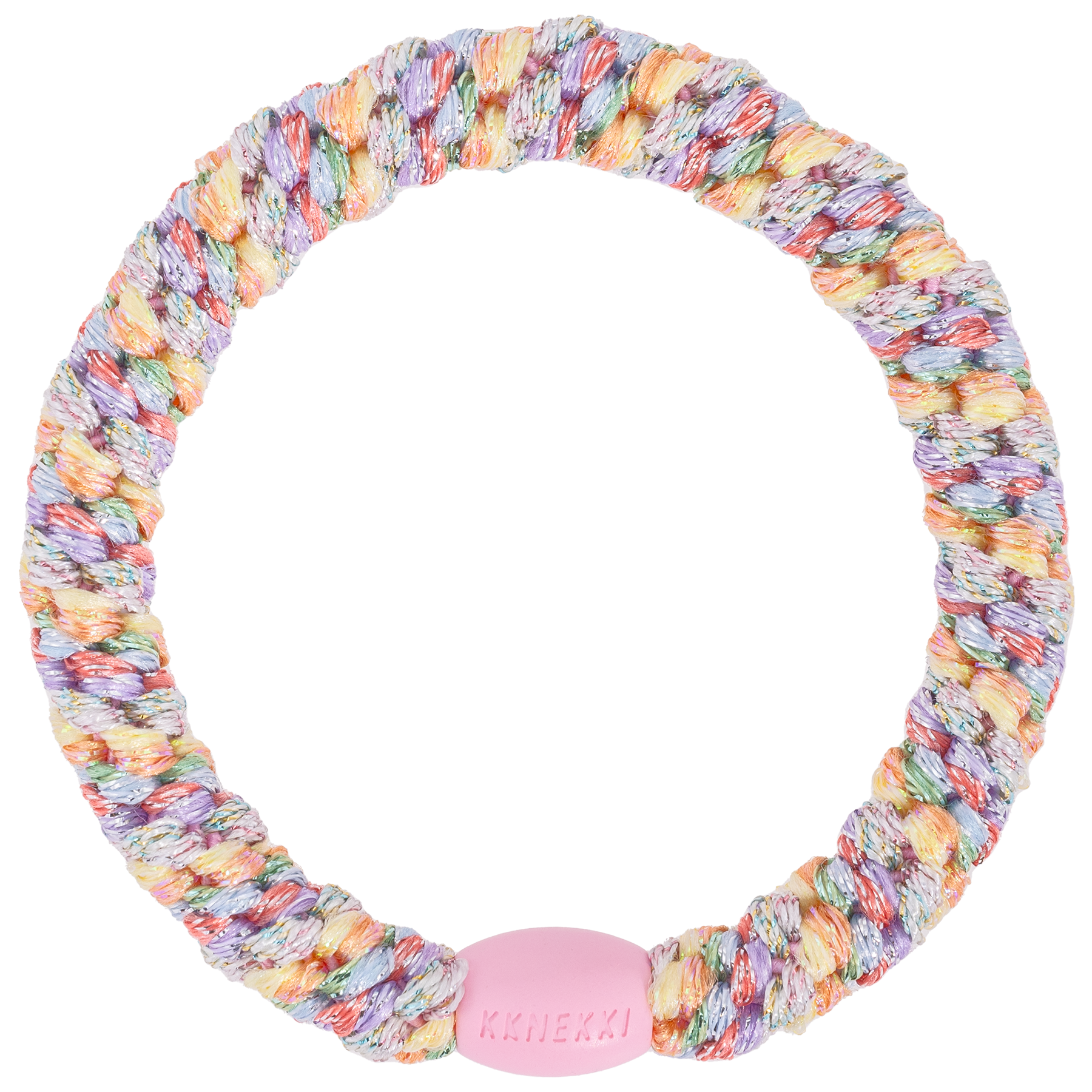 KKNEKKI Pastel Circus Glitter hair elastic on white background with branded bead visible