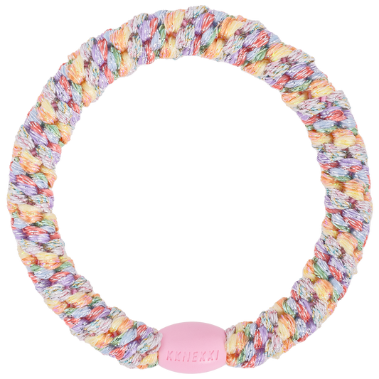 KKNEKKI Pastel Circus Glitter hair elastic on white background with branded bead visible