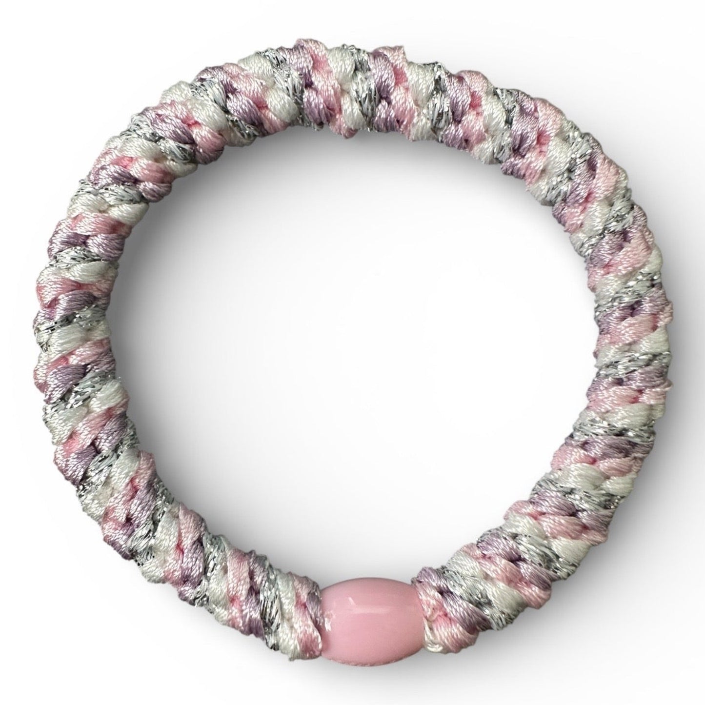 KKNEKKI Pink Sparkle Unicorn hair tie with pink, white, light purple, and silver metallic woven threads.