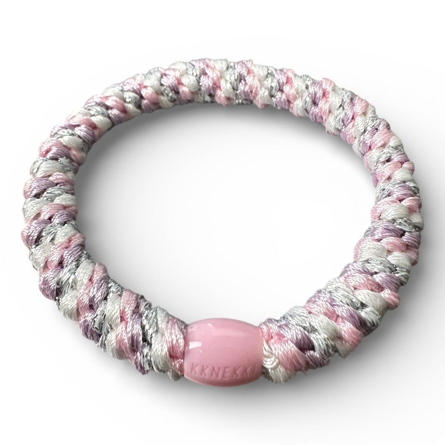 KKNEKKI Pink Sparkle Unicorn hair tie laying flat on white surface clearly showing branded bead