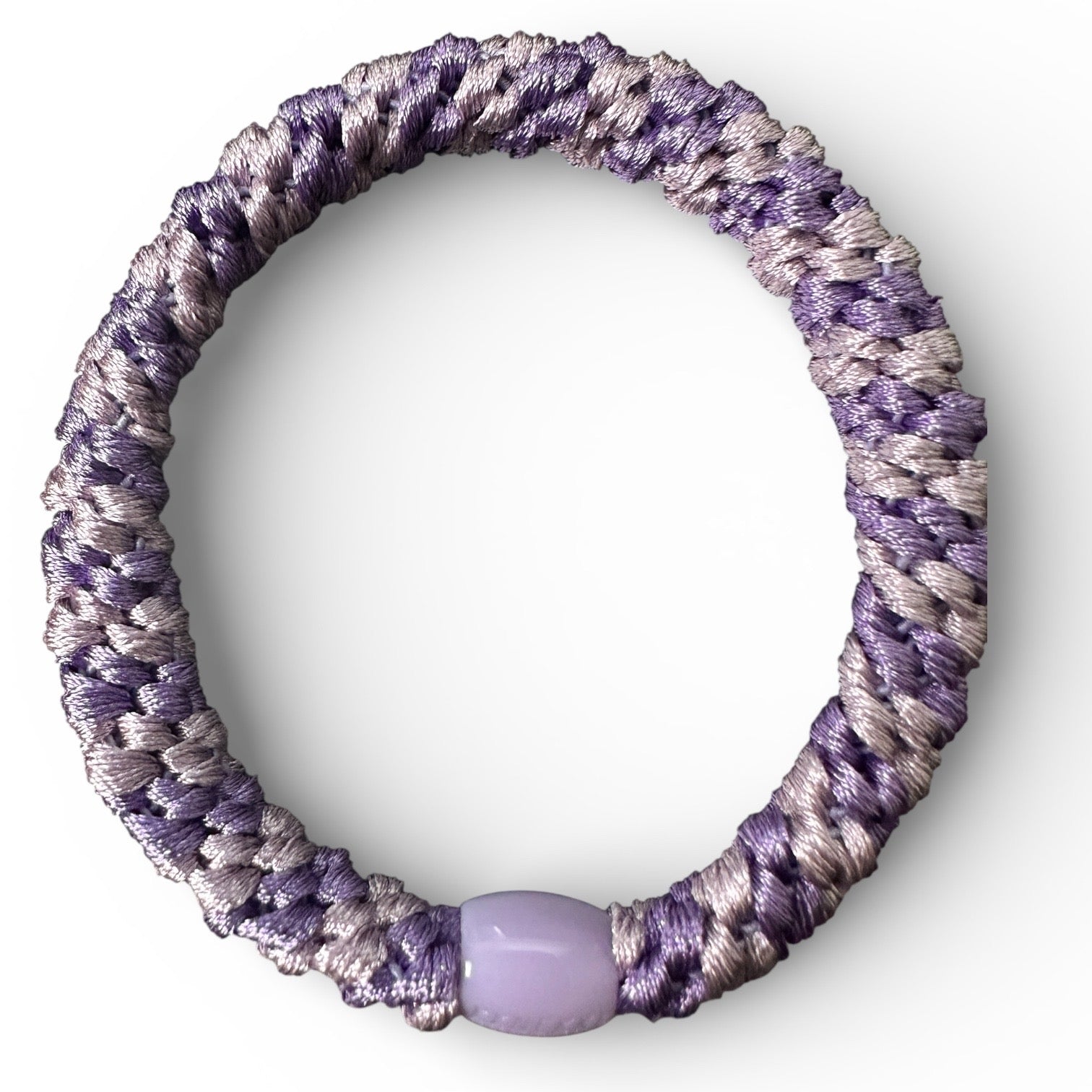 KKNEKKI Purple Light & Purple Dark Hair tie on white background and branded bead is noticeable