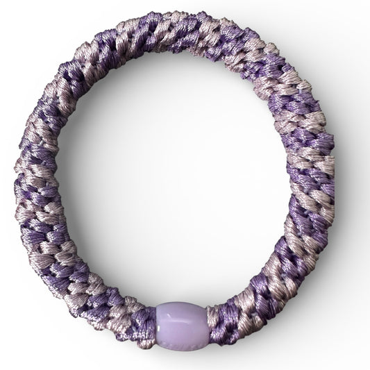 KKNEKKI Purple Light & Purple Dark Hair tie on white background and branded bead is noticeable
