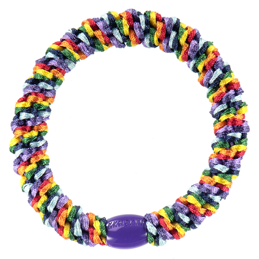 KKNEKKI Rainbow hair elastic with purple bead on white background