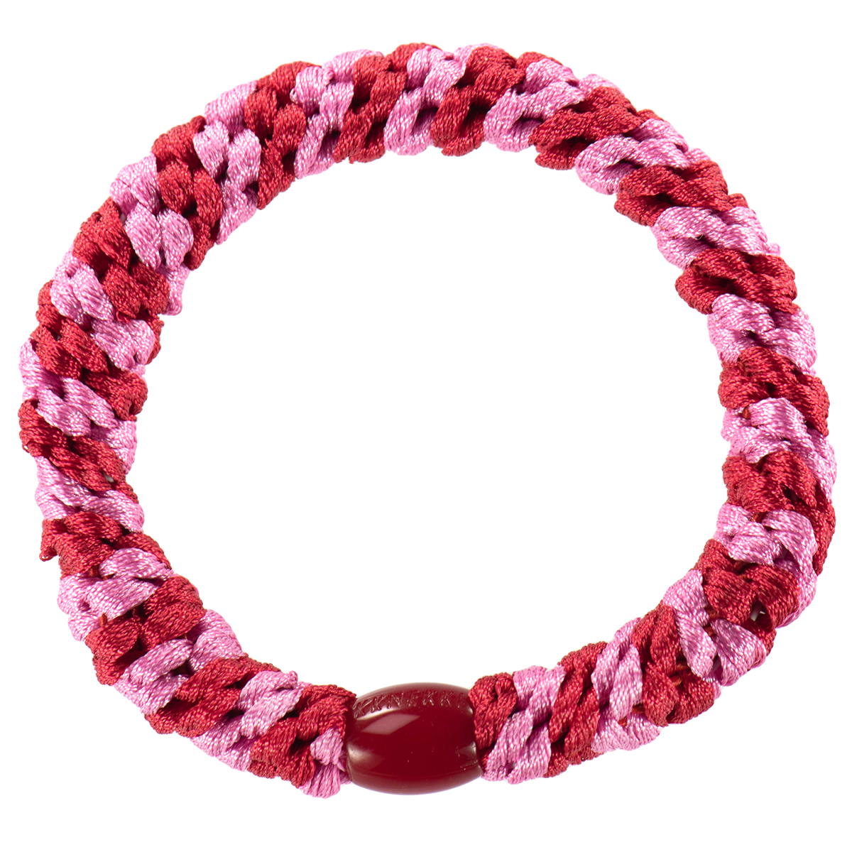 KKNEKKI Red Bubblegum Stripe luxury hair elastic with branded bead visible