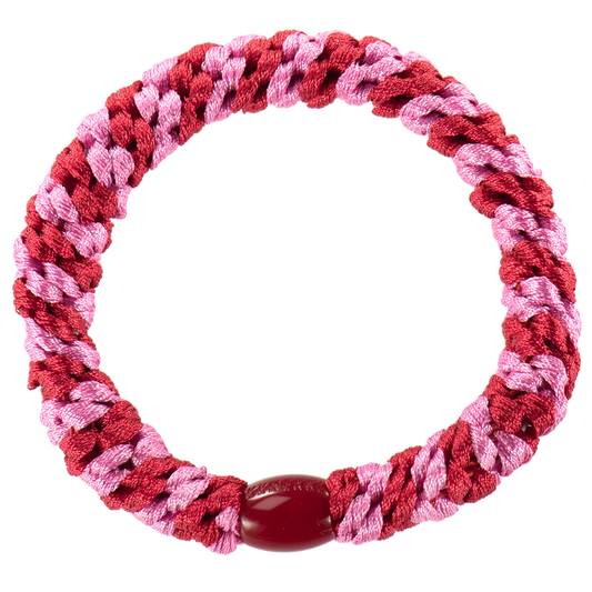 KKNEKKI Red Bubblegum Stripe luxury hair elastic with branded bead visible
