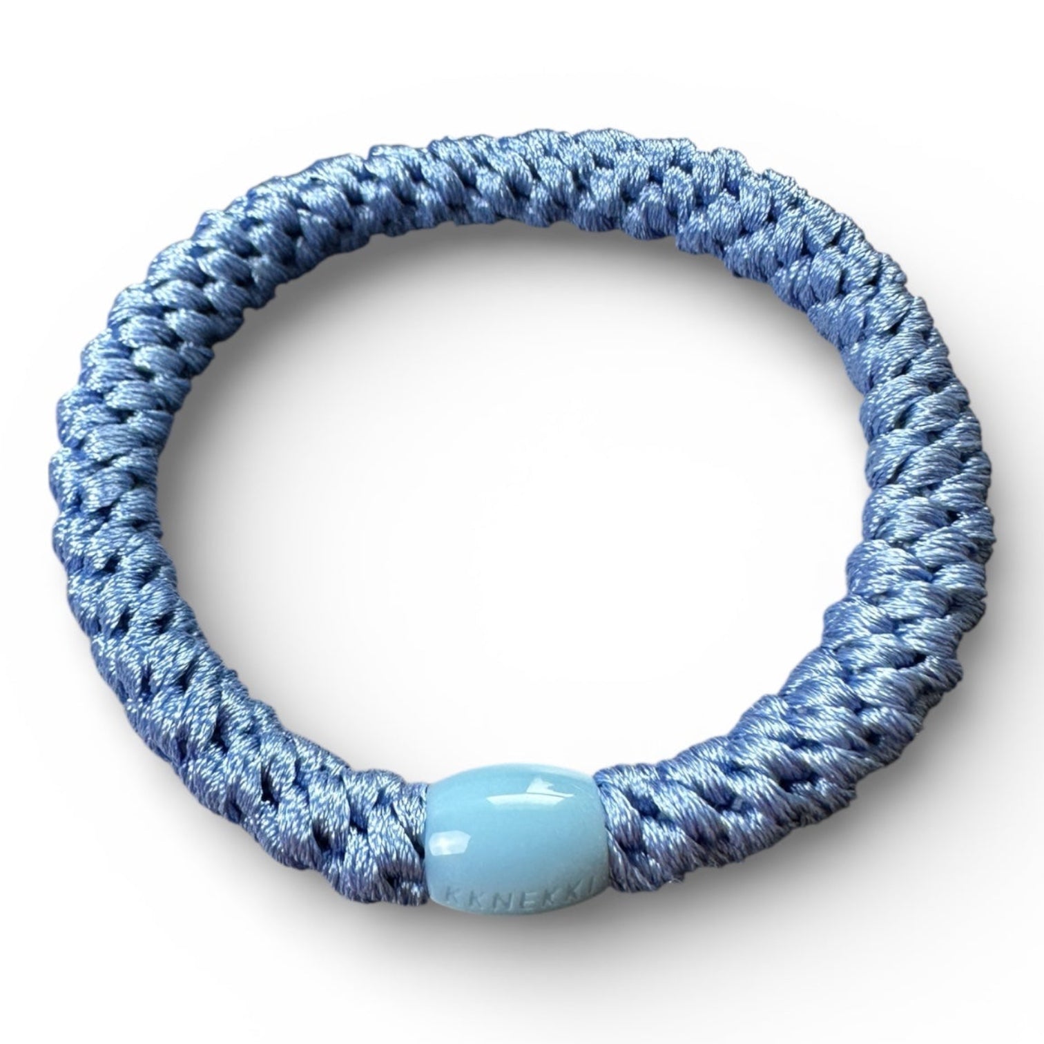 KKNEKKI Robin's Blue hair tie on white background. The branded bead is slightly visible.