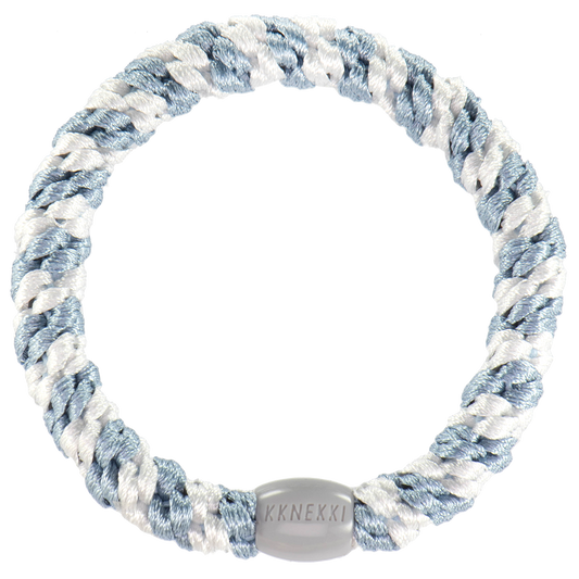 KKNEKKI Sea Blue-White striped hair tie on white background with branded bead visible 