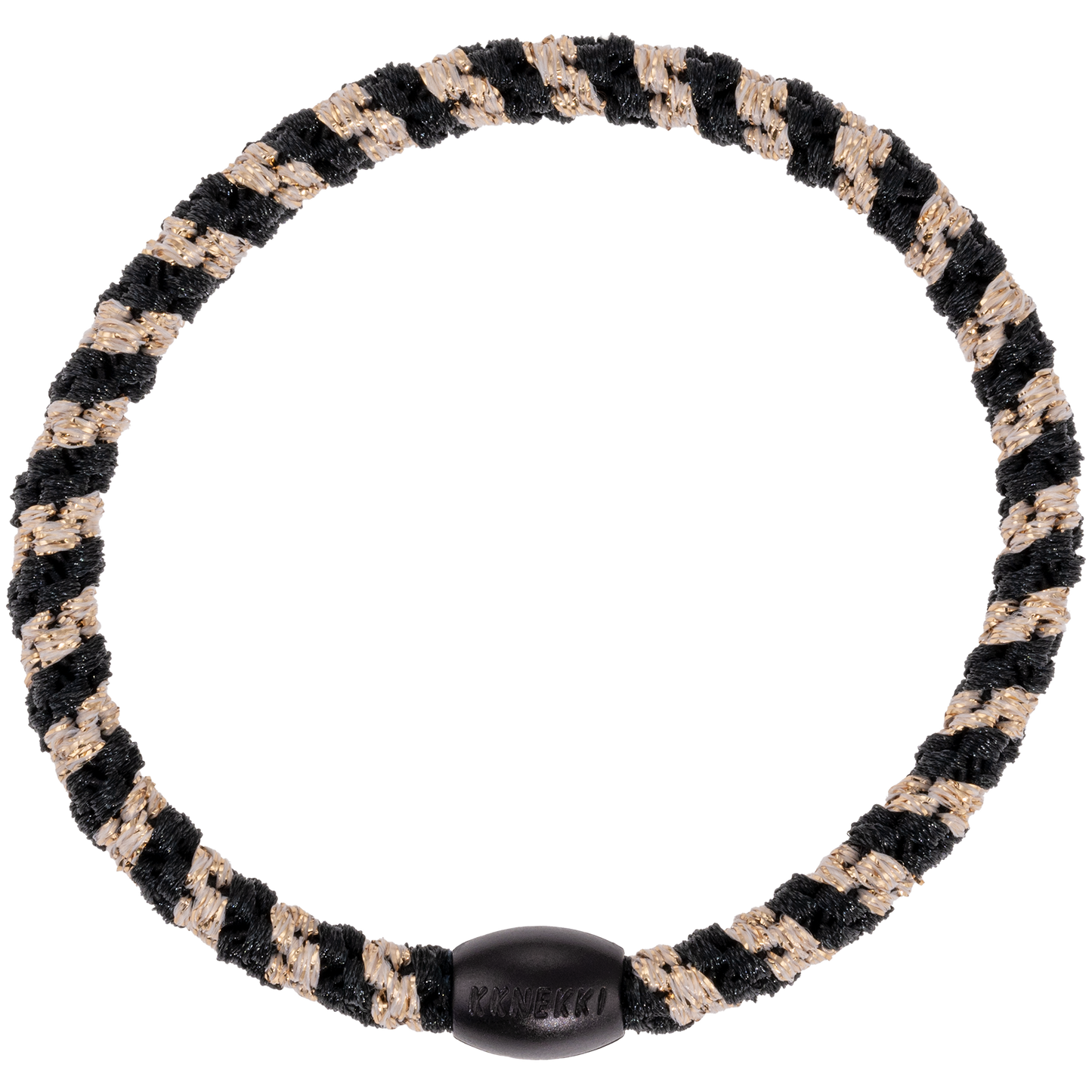 KKNEKKI Slim Black-Beige Glitter Stripe hair tie on white background with branded bead clearly visible