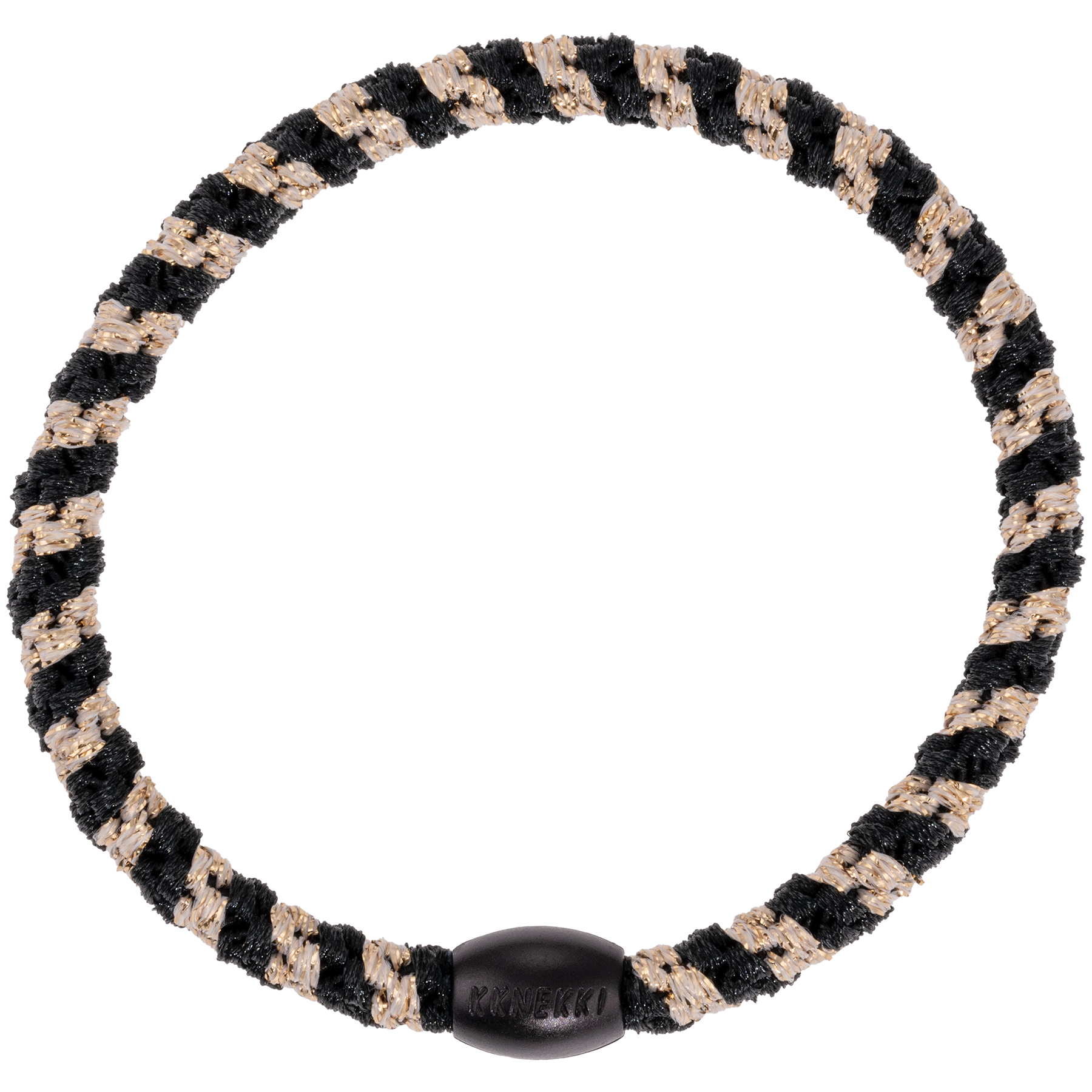KKNEKKI Slim Black-Beige Glitter Stripe hair tie on white background with branded bead clearly visible