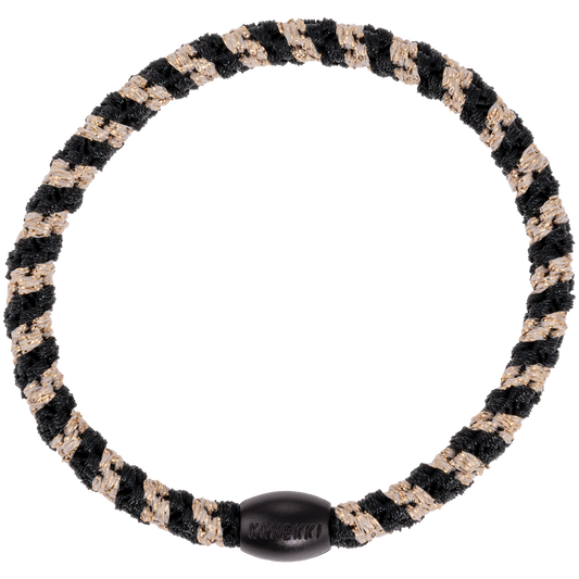 KKNEKKI Slim Black-Beige Glitter Stripe hair tie on white background with branded bead clearly visible