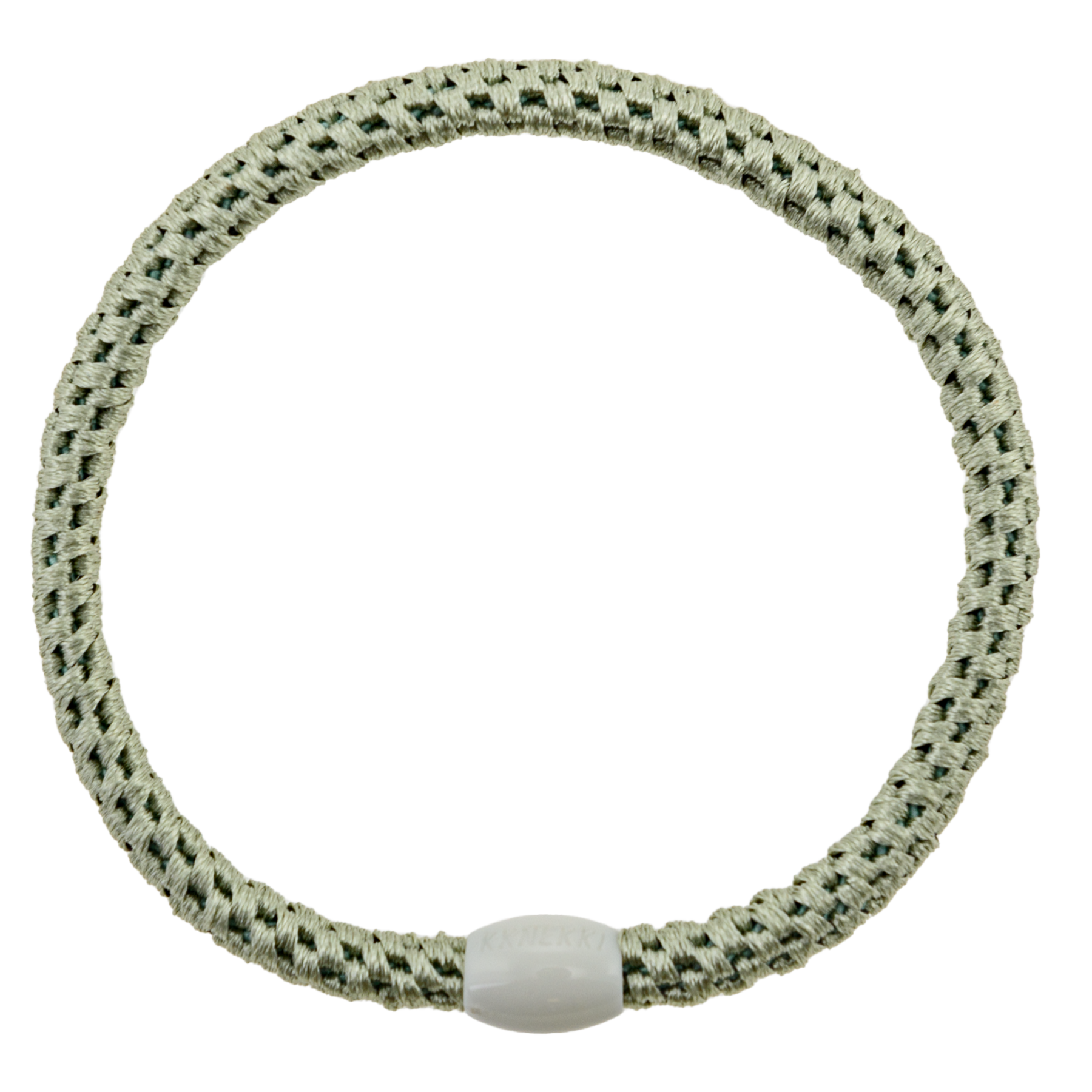 KKNEKKI Slim Dusty Lind hair elastic on white background with visible branded bead
