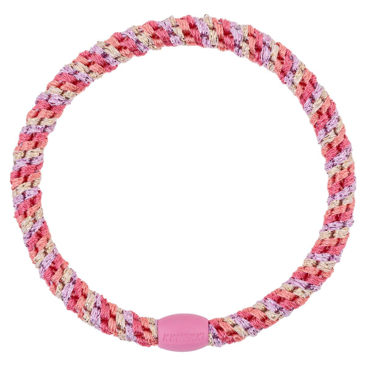KKNEKKI Slim Mix Raspberry-Pomerant hair elastic on white background, branded bead
