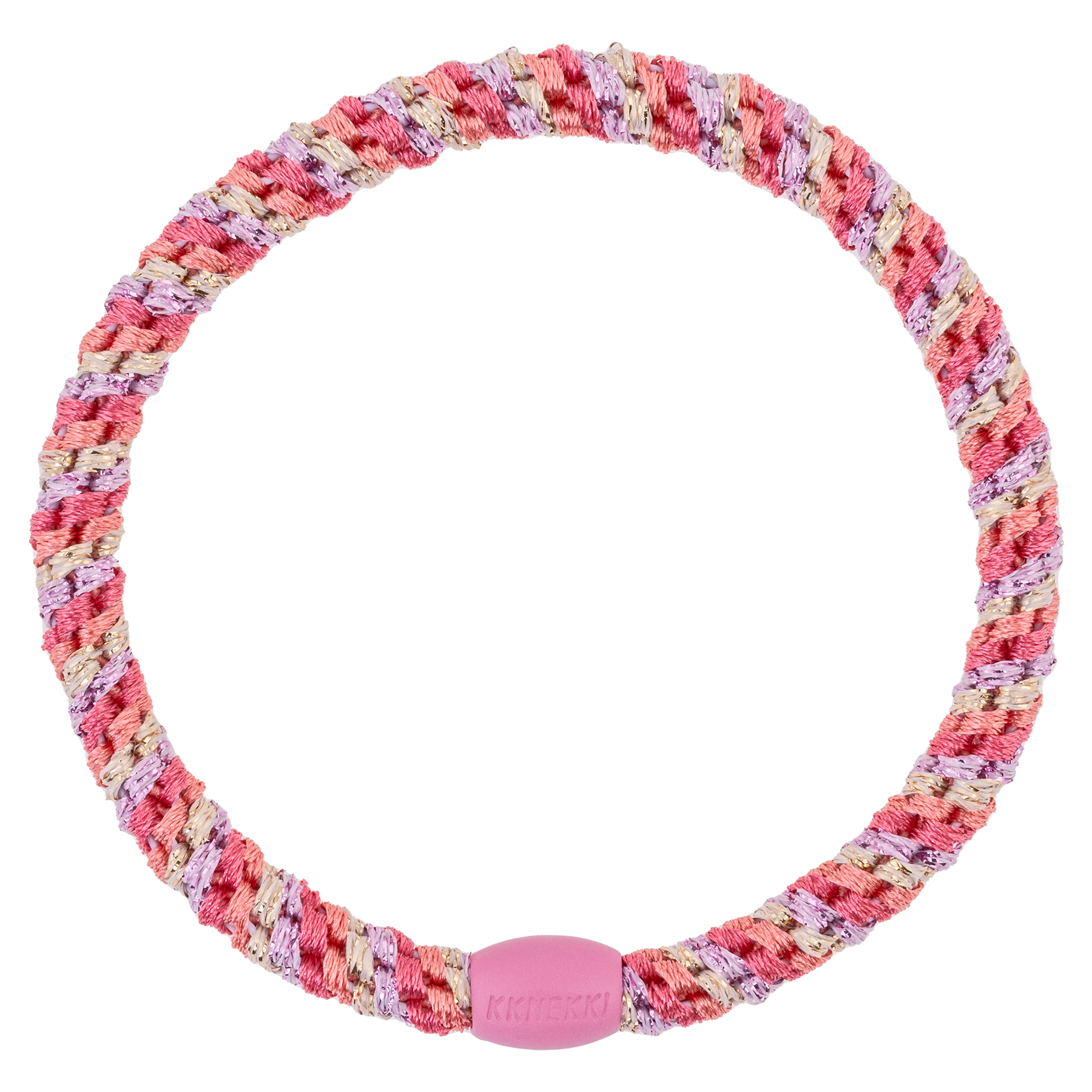 KKNEKKI Slim Mix Raspberry-Pomerant hair elastic on white background, branded bead
