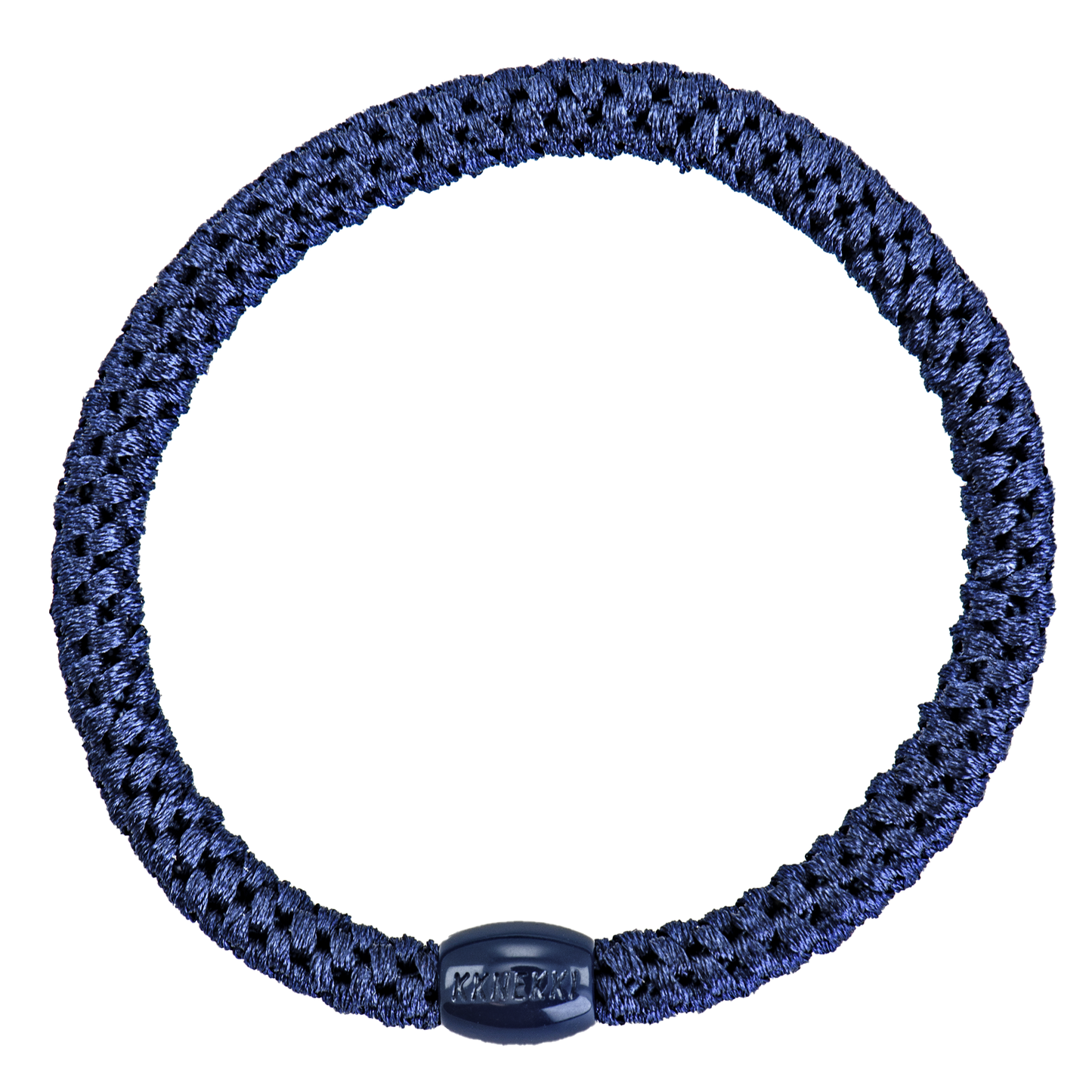 KKNEKKI Slim Navy hair tie on white background with branded bead visible