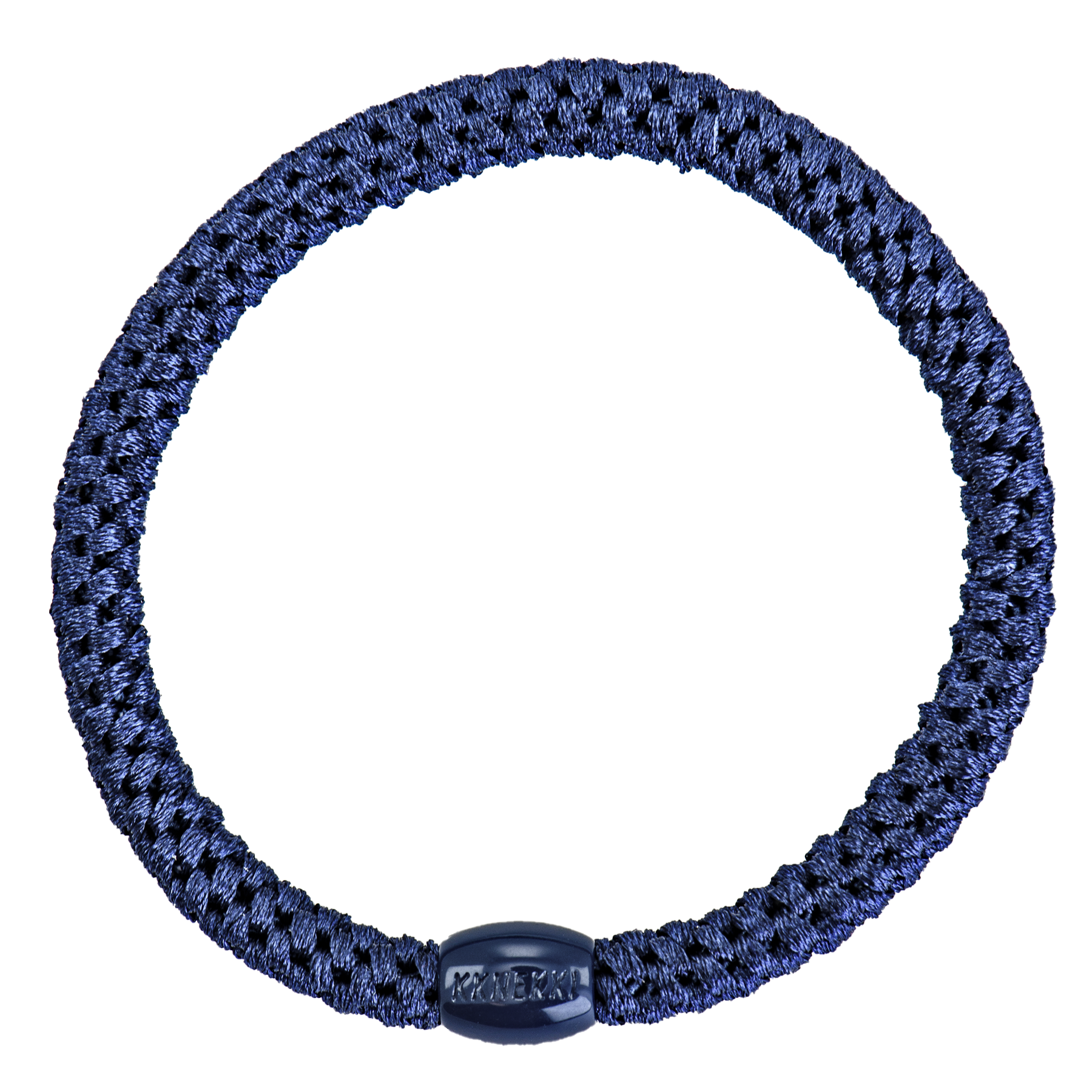 KKNEKKI Slim Navy hair tie on white background with branded bead visible
