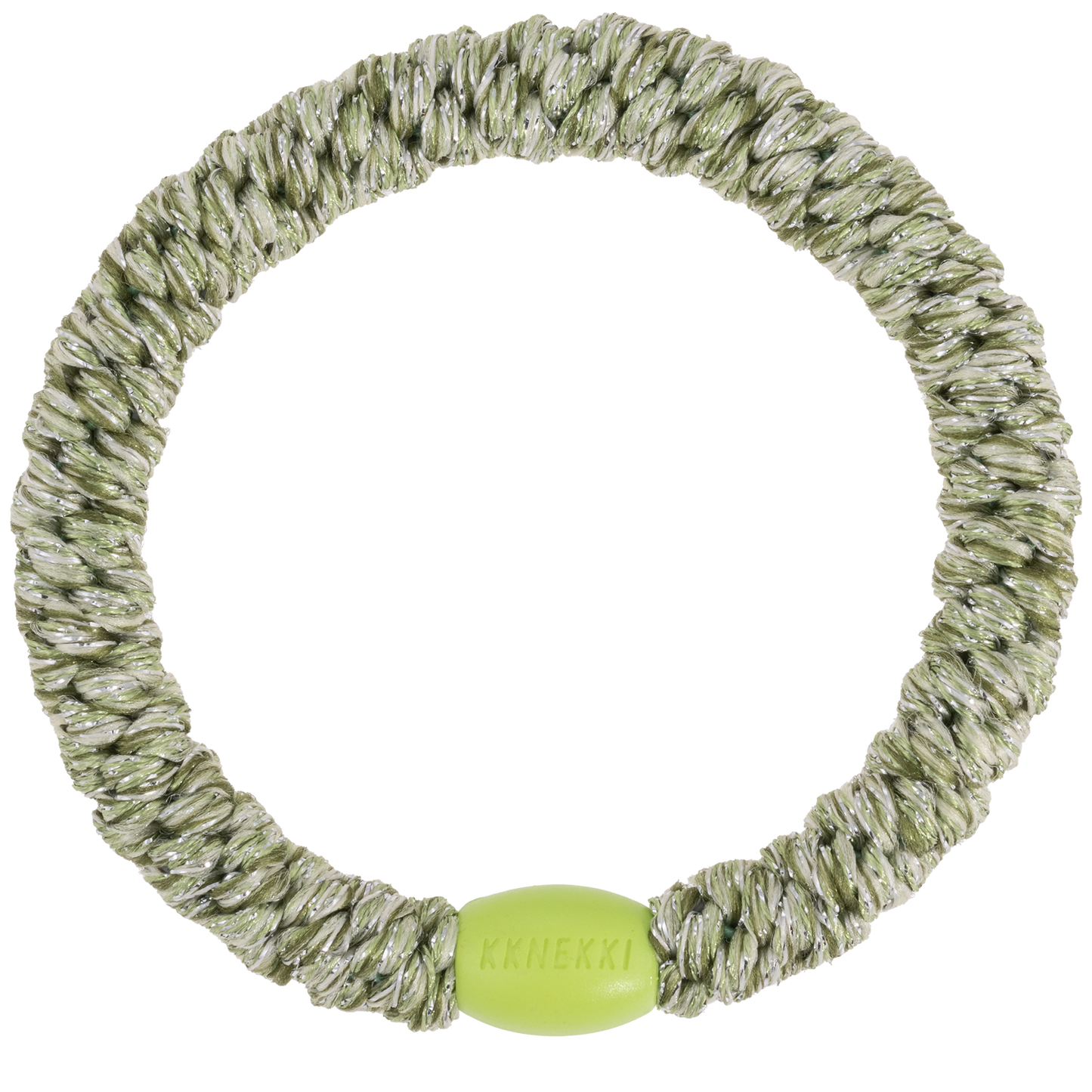 KKNEKKI Sparkling Green Glitter hair elastic with bright green branded bead