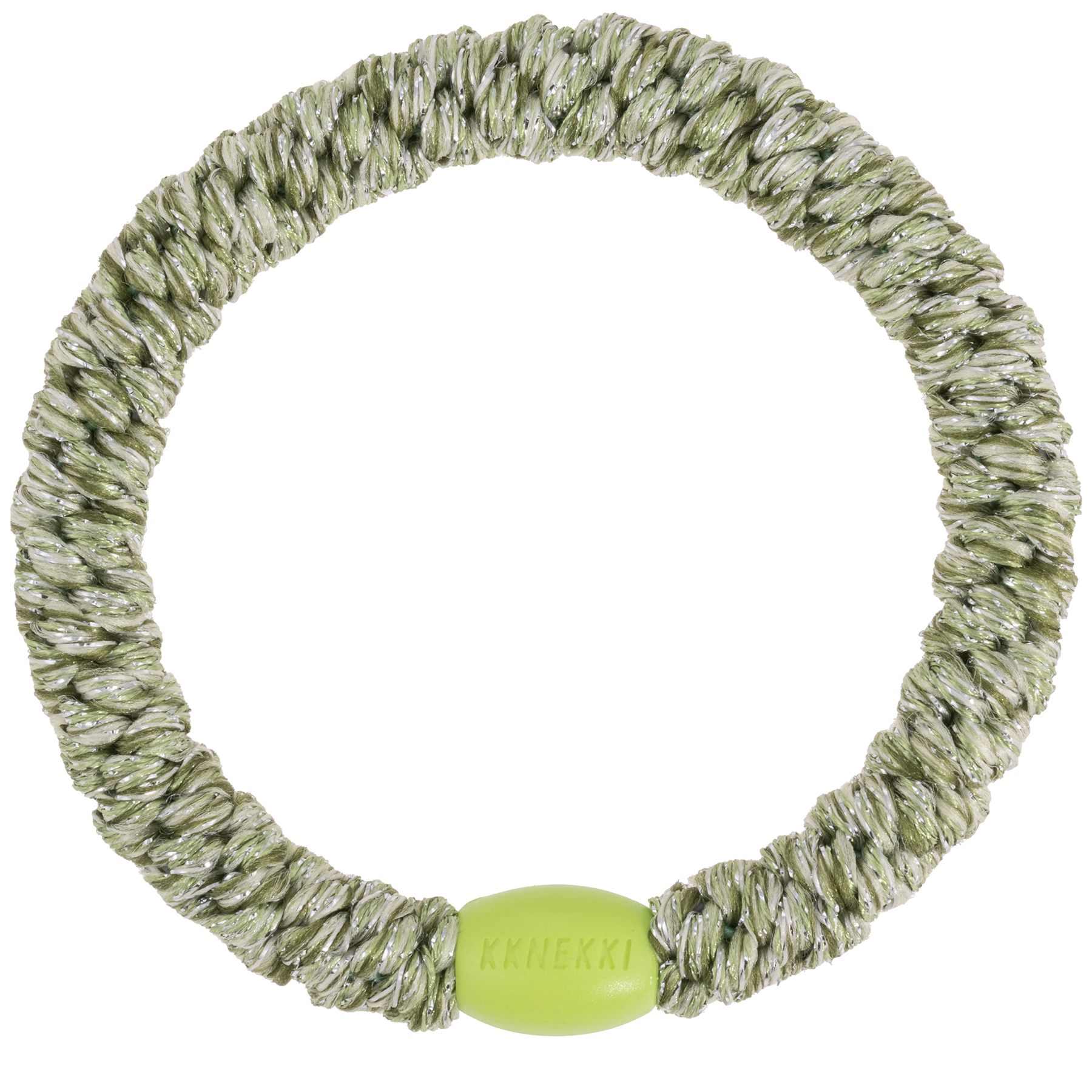 KKNEKKI Sparkling Green Glitter hair elastic with bright green branded bead