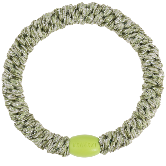 KKNEKKI Sparkling Green Glitter hair elastic with bright green branded bead