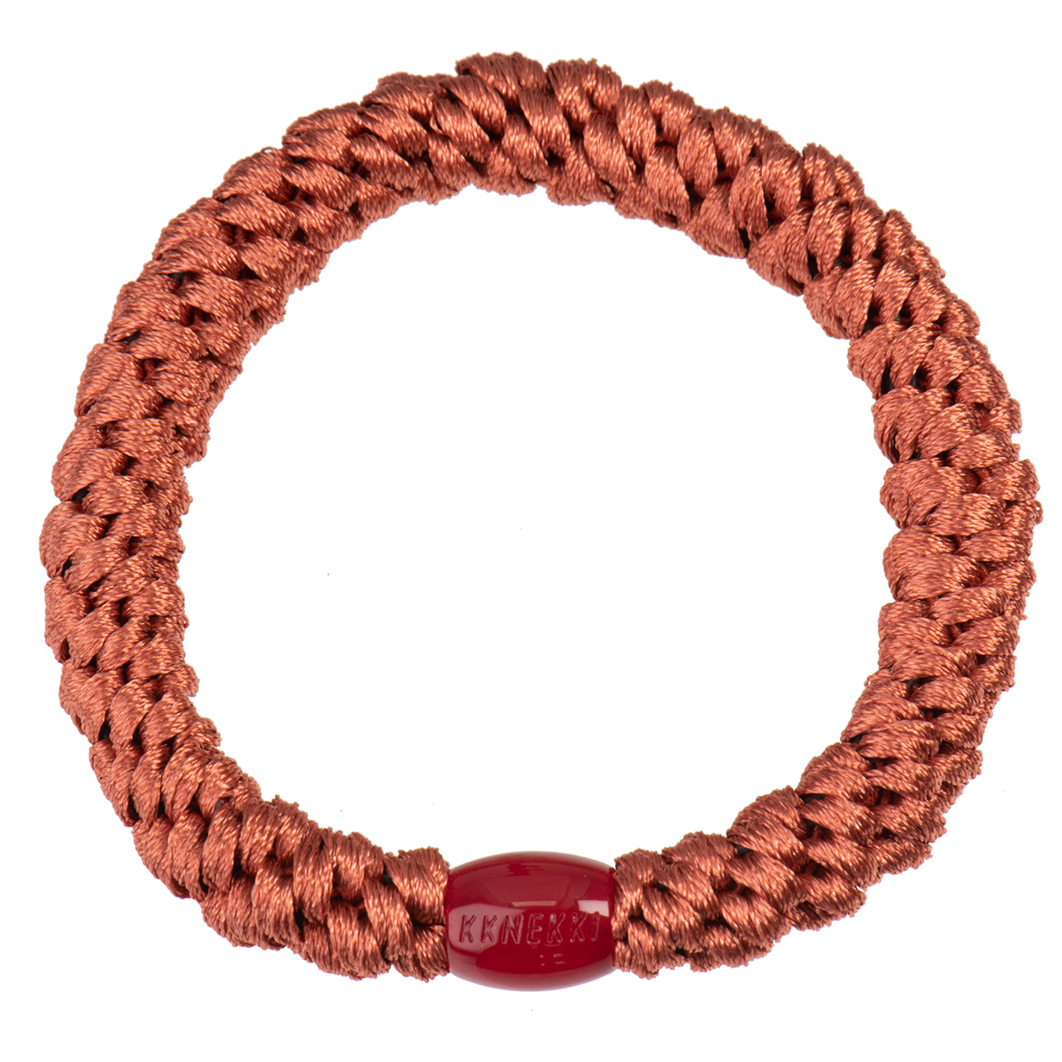 KKNEKKI Hair tie viewed from overhead with branded bead