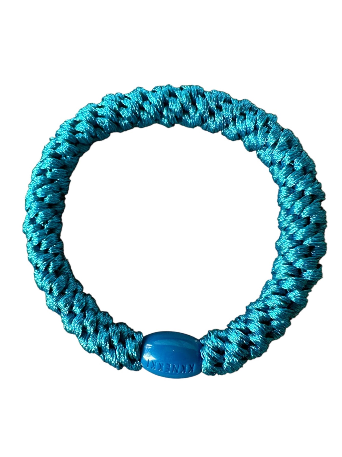 KKNEKKI Turquoise Bright hair tie elastic on white background showing branded bead
