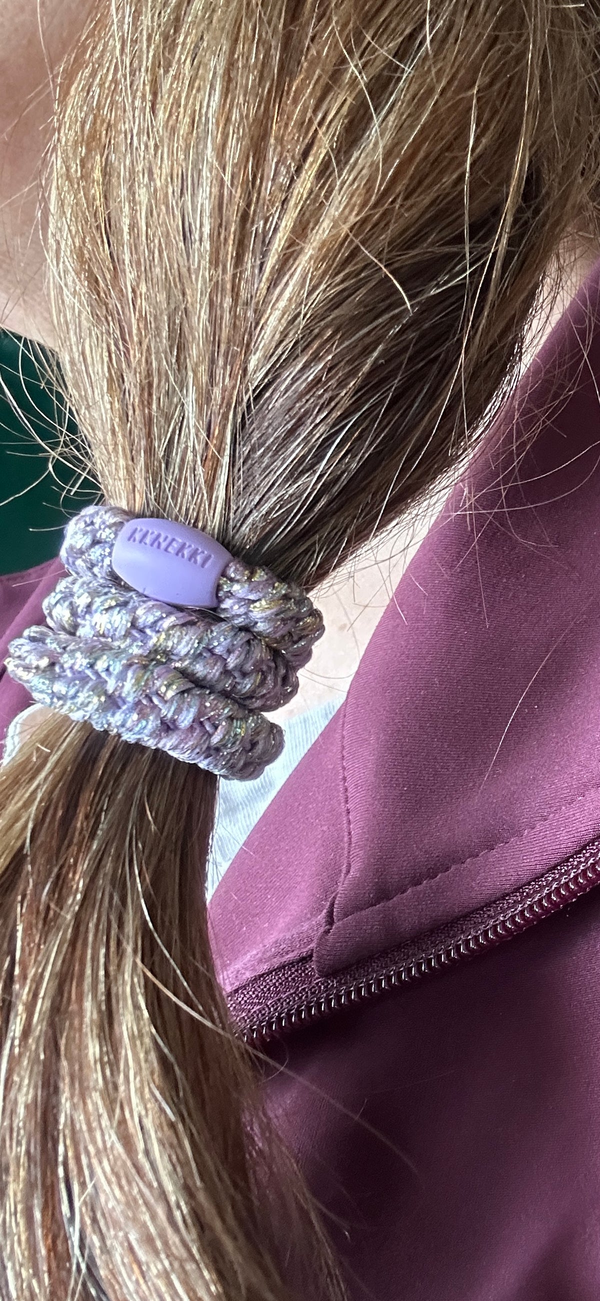 KKNEKKI Unicorn with branded purple bean in side pony of brown hair