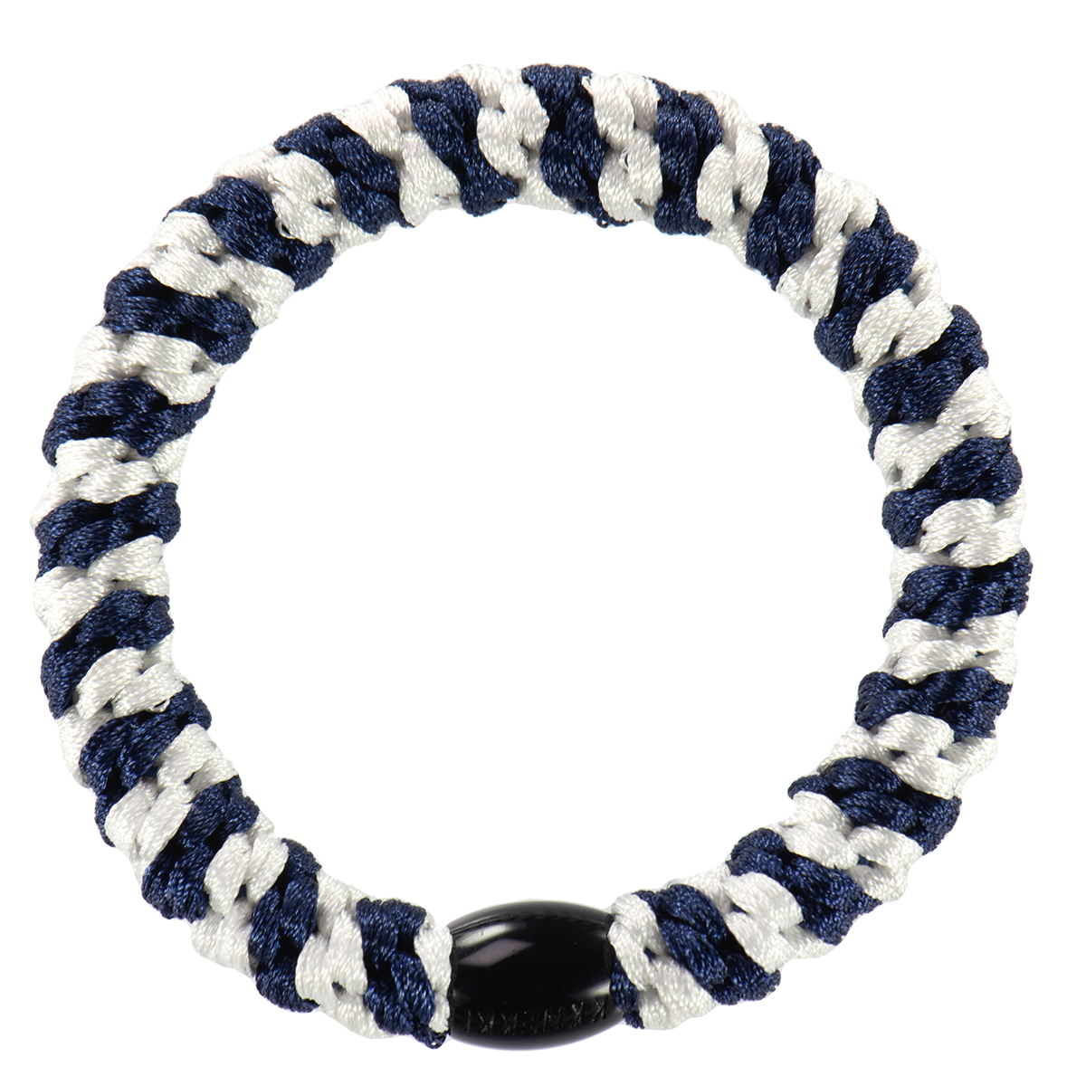 KKNEKKI White-Navy Stripe hair elastic with deep navy branded bead
