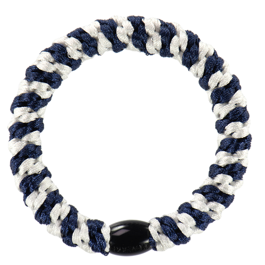 KKNEKKI White-Navy Stripe hair elastic with deep navy branded bead
