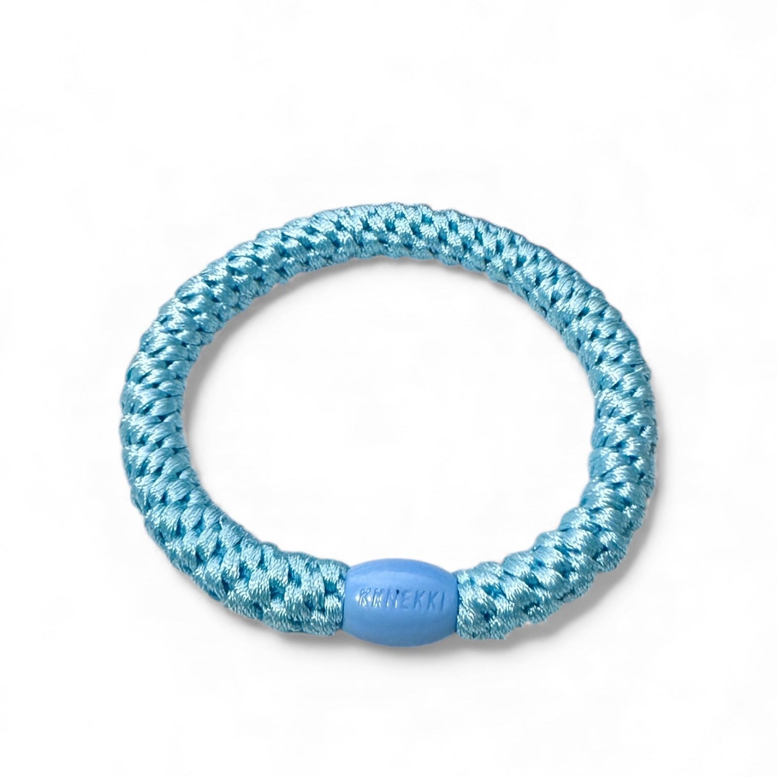 Sky Blue KKNEKKI hair elastic on White Background showing branded bead