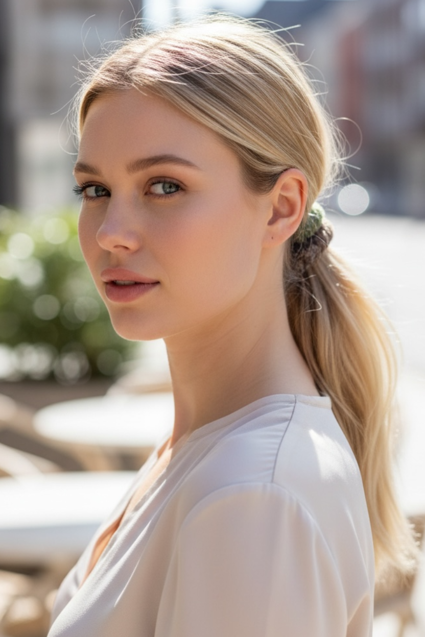 Woman wearing KKNEKKI Velvet hair elastics/ties in a ponytail